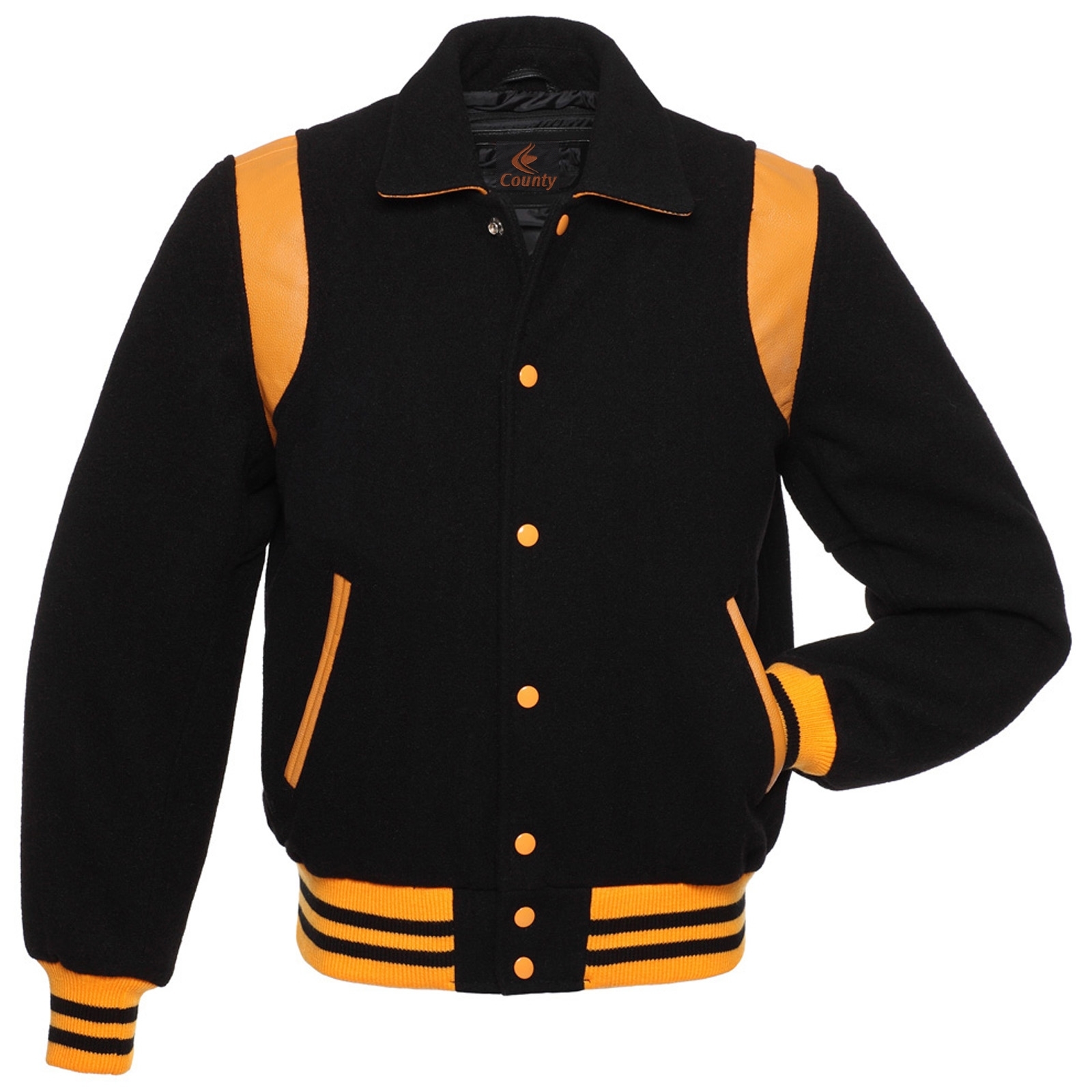 Retro Jacket Varsity Jacket Baseball Jacket Black Body Gold Leather Inserts