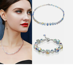 Aurora Borealis Women's Crystal Bracelet Necklace Clavicle Wedding Jewelry Set - £15.13 GBP
