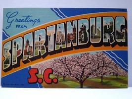 Greetings From Spartanburg South Carolina Large Letter Linen Postcard Cu... - $9.69