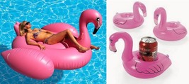 Giant 80&quot; Pink Flamingo Inflatable Pool Float w 6 Coasters Summer Party Blow Up - £67.69 GBP