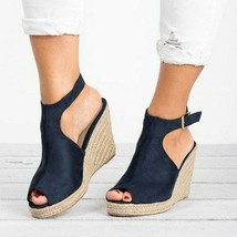 Women&#39;s Wedge Heel Navy Blue Peep Toe Platform Espadrille Sandals Size 6-9 - £38.35 GBP