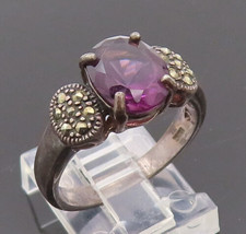 925 Sterling Silver Vintage Ring Oval Amethyst Inlay Marcasite Sz 8  RG2... - $36.02