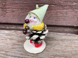 VTG  Pine Cone Putz Chenille ELF Gnome Christmas Ornament Japan  Tiny Ball Decor - £15.82 GBP