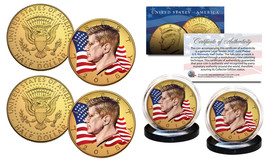 Colorized FLOWING FLAG JFK 2-Coin Set 24K GOLD Plated - Both P &amp; D Mint-... - £14.73 GBP