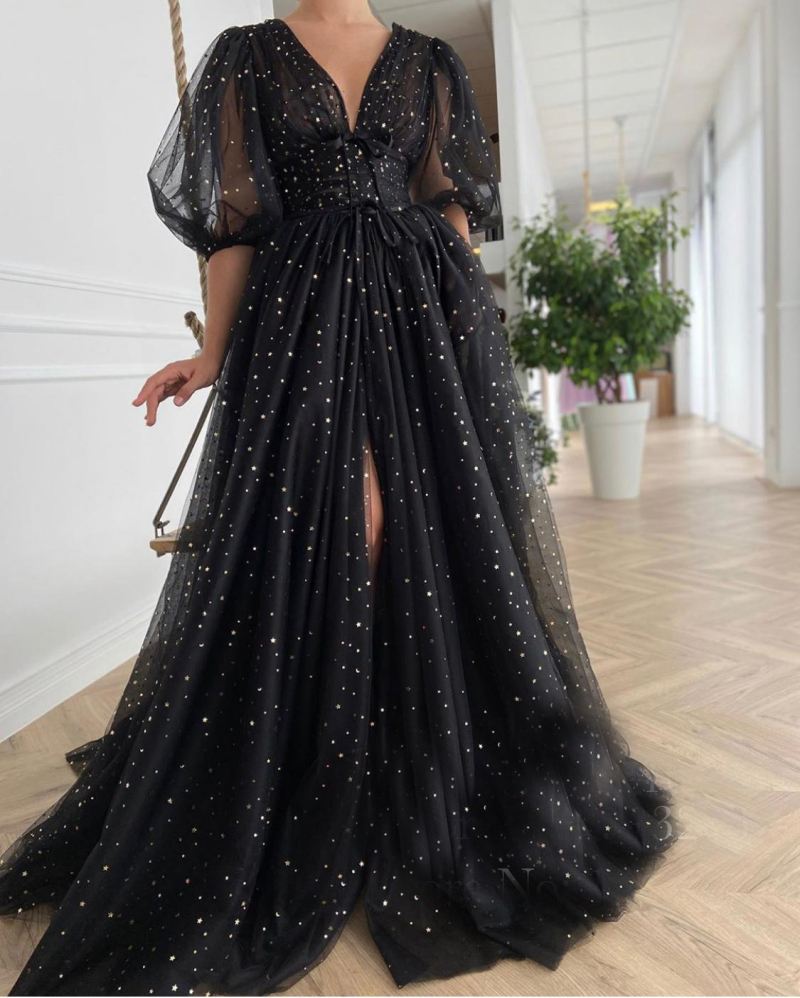 V-neck lantern sleeves, floor length,  shiny formal dress, elegant for women