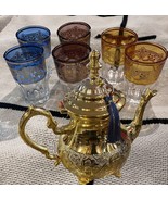 Moroccan Tea Set, Moroccan teapot and Moroccan Colored Tea Glasses, Bras... - $3,283.12 MXN