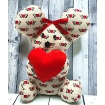 Vintage Teddy Bear Stuffed Animal Plush Handmade White Hearts Holly Pattern - £12.02 GBP
