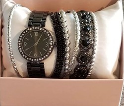 Women&#39;s ~ Black Quartz Watch &amp; Six (6) Piece Bracelet Set ~ Costume Jewelry - £17.65 GBP