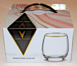 New Sealed Vanessa Williams Stemless Crystal Wine Glass Set Of 4 Gold Accented - £31.85 GBP