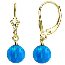  Women&#39;s 14K Solid Yellow Gold Round Light Blue Opal Leverback Earrings 8mm - £96.22 GBP