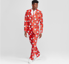 Suitmeister Red Ugly Christmas Suit Blazer Pants Tie Cool Santa Print Size M New - £48.18 GBP