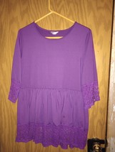 Meaneor Blouse Women&#39;s 3/4 Sleeve Floral Lace Ruffle Trim Purple Size Large - $12.57