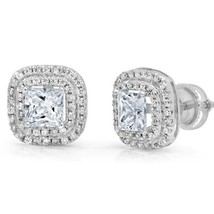 2.5CT Simulated Diamond Square Halo Stud Earrings 14k White Gold Plated Silver - £62.01 GBP