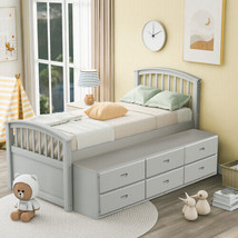 Twin Size Platform Storage Bed Solid Wood Bed with 6 Drawers - Gray - £509.98 GBP