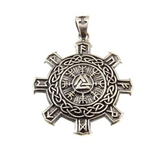 Solid 925 Sterling Silver Helm of Awe Viking Pendant With Valknut and Runes - £41.85 GBP