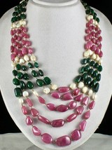 Antique Natural Ruby Emerald Pearl Beads 5L 1196 Cts 18K Gold Gemstone Necklace - £4,027.79 GBP
