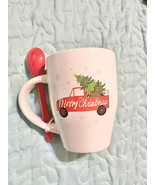 Red Pickup Truck Merry Christmas Tree 11oz Coffee Mug w/Spoon Ceramic - $13.72 CAD