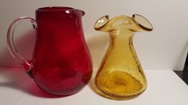 Vintage CRACKLE GLASS 2 Pcs  Lt Amber Vase 5in T and Red Pitcher 5 1/2 in - $16.78