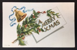 Antique A Merry XMAS Christmas Greeting Card Embossed Divided Back Holly Bell - £10.22 GBP