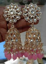 Bollywood Gold Plated Indian Kundan Big Jhumka Light Pink Earrings Jewelry Set - £30.04 GBP