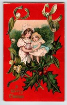 Christmas Postcard Children Girls Holly Leaves Embossed Greetings Vintage Unused - £16.34 GBP
