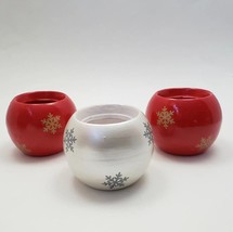 Snowflake Bowl tealight Holder Set of 3 Red &amp; White Ceramic Holiday Decor - £7.19 GBP