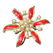Vintage Violet Red Flower Metal Brooch Pin Elegant Pearl 2&quot;  Costume Jewelry - £10.15 GBP