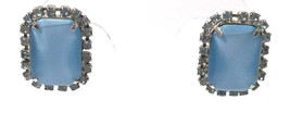 Vintage Earrings Blue Satin Glass Light Blue Rhinestones, Polished Silver Plated - £12.51 GBP