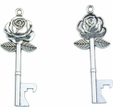 Skeleton Key Bottle Opener Pendant Antiqued Silver Rose Flower Steampunk 2.75&quot; - £3.59 GBP