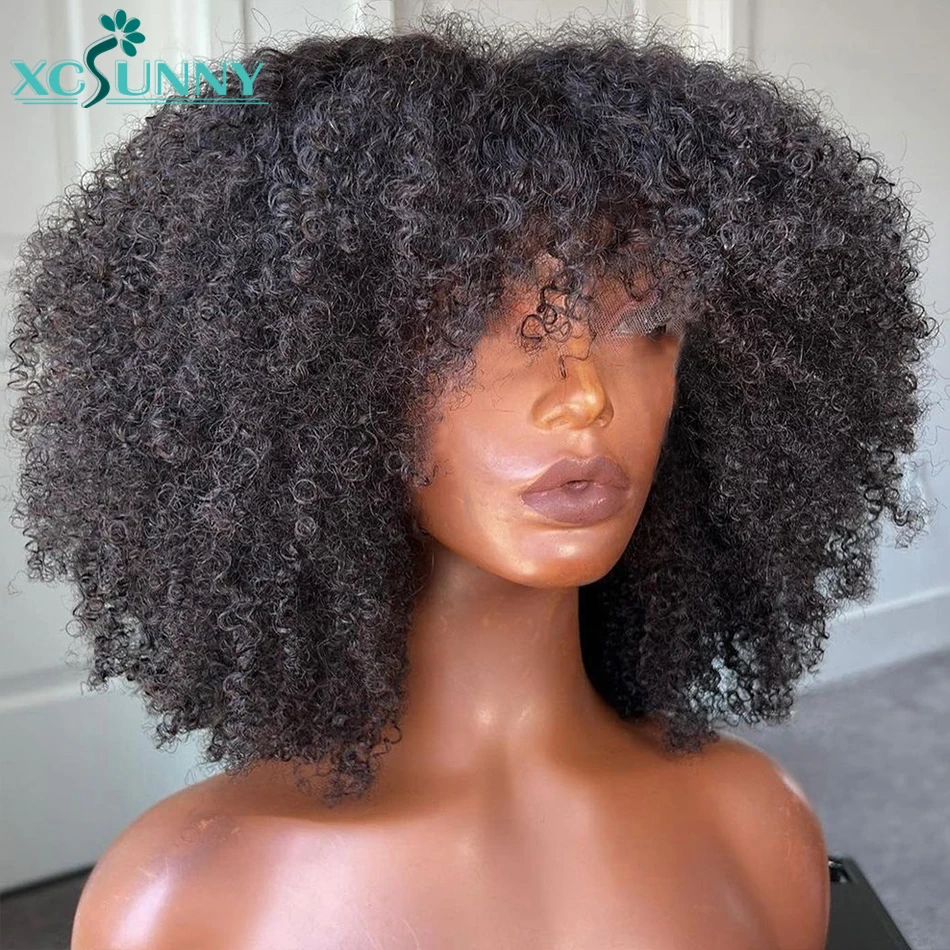 Afro Kinky Curly Wig With Bangs Full Machine Made Scalp Top Wig 200 Densi - £71.35 GBP+