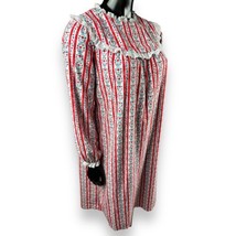 Vtg Lanz of Salzburg Red Striped Floral Hearts Flannel Nightgown Lace Tr... - £22.97 GBP