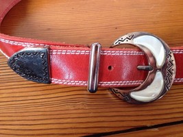 Vtg Southwestern Silvertone Buckle Liz Claiborne Red Leather Womens Belt... - £23.56 GBP