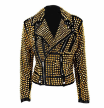 A.L.C Women Full Golden Heavy Metal Spiked Studded Brando Black Leather Jacket - £383.61 GBP