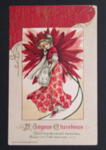 Joyous Christmas Lady in Red Poinsettia Dress Embossed Winsch Postcard c1910s - £15.71 GBP