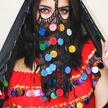 Egyptian Belly Dancing Face Veil Colorful Coins  Handmade Dance Accessories - £26.06 GBP