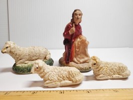 VTG 4 PC Lot Nativity Accessories Figures Kneeling Shepherd 3 Sheep Soft Rubber - £18.24 GBP