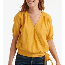 Lucky Brand Linen Textured Wrap Top | Sz L, Bright Gold Yellow NWT $79 - £25.85 GBP