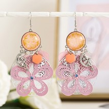Big Round Resin Tassel Dangle Drop Earrings Pink Flower Womens Gift Earrings Fas - £16.80 GBP