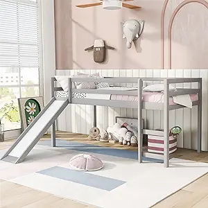 Loft Bed With Slide, Wood Low Loft Bed Frame For Kids,Twin Bed Multifunc... - $435.99