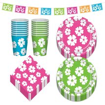 HOME &amp; HOOPLA Hibiscus Flower Luau Party Paper Dessert Plates, Napkins, Cups, an - £17.93 GBP