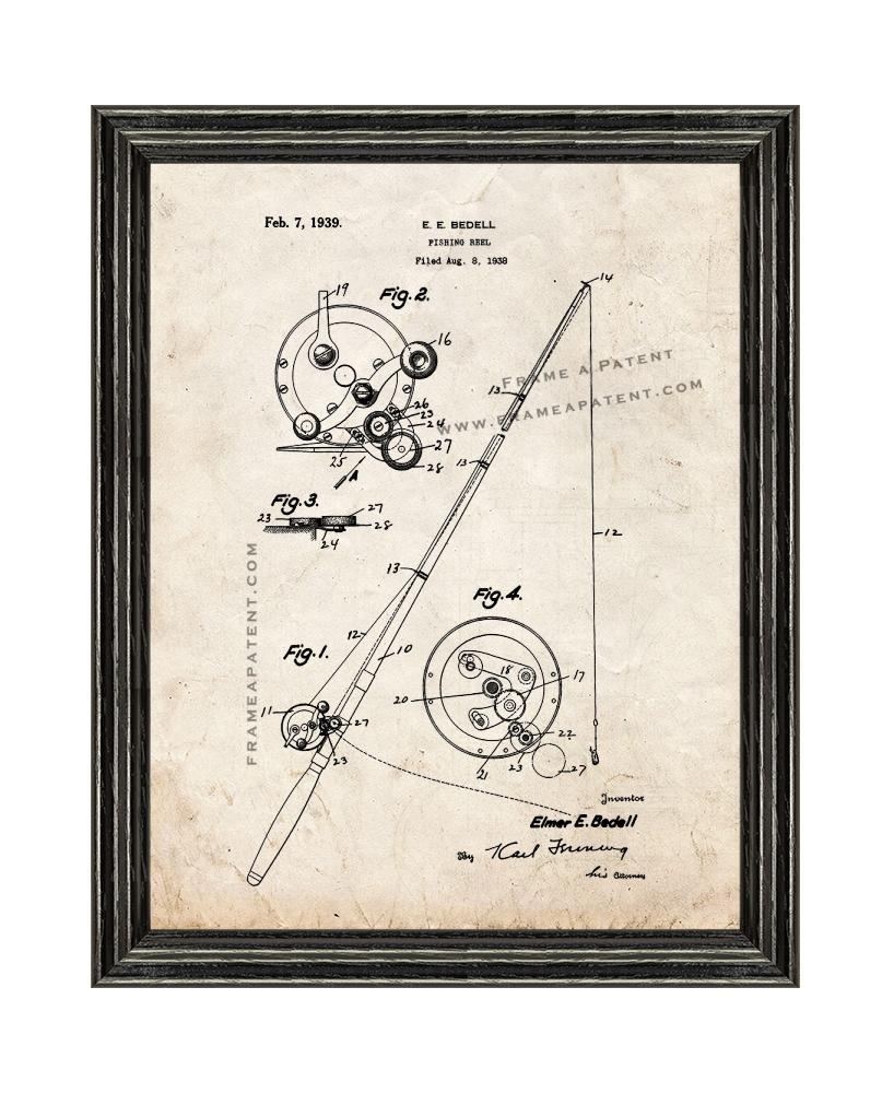 Fishing Reel Patent Print Old Look with Black Wood Frame - £19.78 GBP - £87.18 GBP
