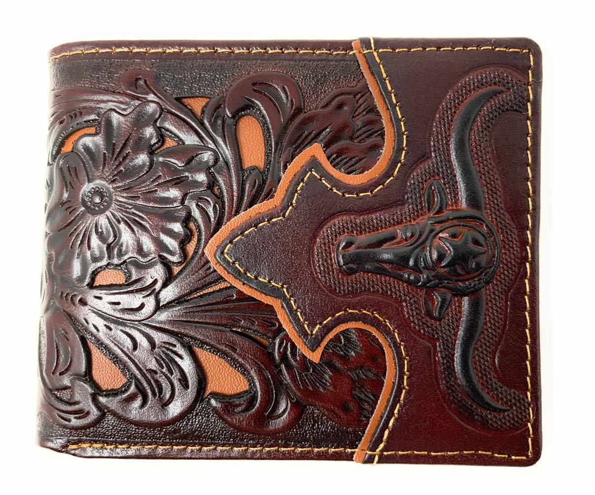 Western Men's Leather Longhorn Floral Tooled Laser Cut Lone Star Short Wallet in