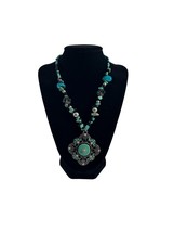 Faux Turquoise Black Beaded Necklace Silver Tone Enamel Pendant 19&quot; Ornate - £15.03 GBP