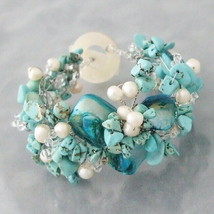 Turquoise-Pearl Shell Hidden Flower Toggle Bracelet - £21.10 GBP