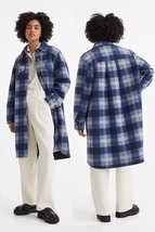 H&amp;M Coat Shacket Long Jacket Blue Plaid Lined NEW Women&#39;s Large - £64.57 GBP