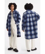 H&amp;M Coat Shacket Long Jacket Blue Plaid Lined NEW Women&#39;s Large - £64.42 GBP