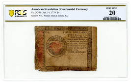 FR. CC-90 Jan 14, 1779 $4 Continental Currency PCGS VF20 (Edge Damage) - $305.55