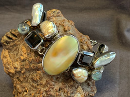 Sterling Silver Artisan Bracelet 47.37g Fine Jewelry 7.5&quot; Multicolor Stones - £71.90 GBP