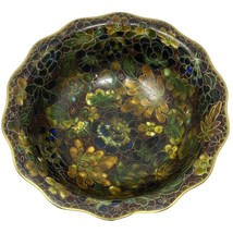 Cloisonné Enameled Brass Bowl Floral Flowers 7 In Vintage Blue Brown Orange - $35.59