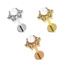 Women&#39;s Pearl CZ Flower Ear Stud Steel Internally Threaded Earrings Jewe... - £34.93 GBP